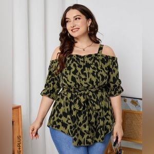 Plus Allover Print Cold Shoulder Belted Blouse